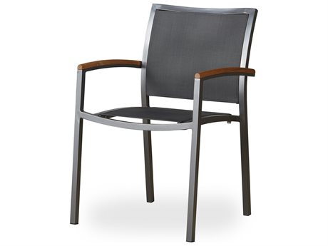 Lloyd Flanders Lux Aluminum Sling Stacking Dining Armchair with Teak Arms (Set of 4)
