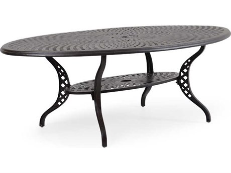 Palm Springs Rattan Cast Aluminum 7100 Series 48 x 86 Oval Weathered Black Elliptical Dining Table w/ umbrella hole