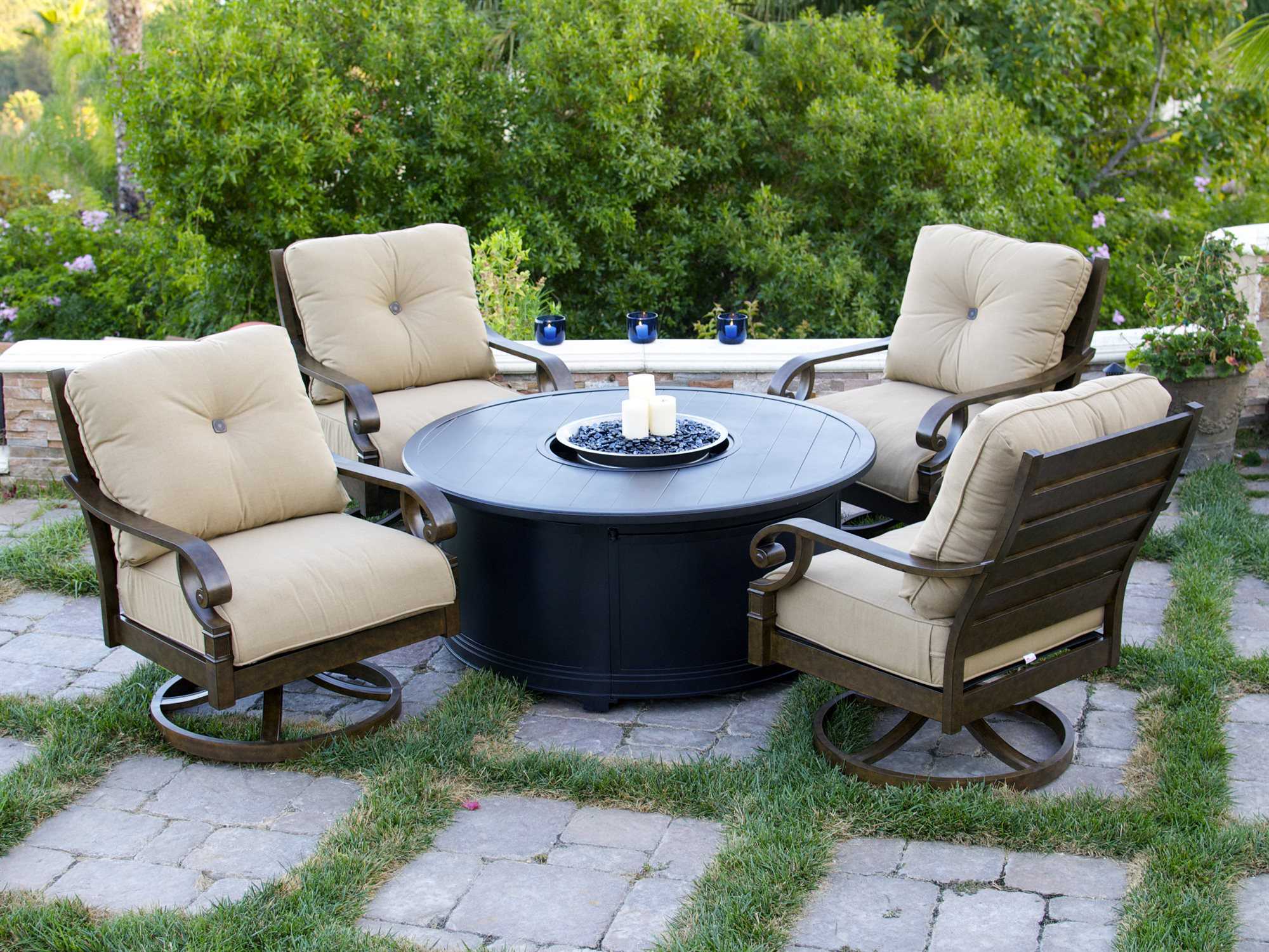 Sunvilla Aluminum 54 Round Slat Top Spanish Gold Fire Pit Table