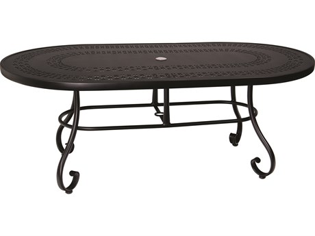 Woodard Ramsgate Aluminum 74 x 42 Oval Trellis Top Table with Umbrella Hole
