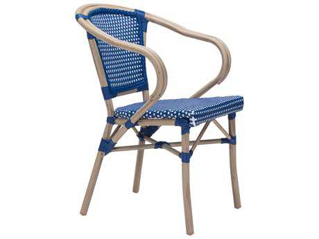 Zuo Outdoor Paris Aluminum Wicker Dining Arm Chair in Navy Blue & White (Sold in 2)
