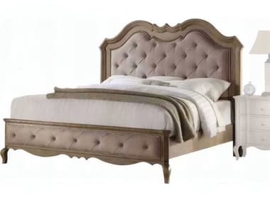 Acme Furniture Chelmsford Beige Fabric Antique Taupe Mindi Wood Upholstered King Platform Bed ACF26047EK