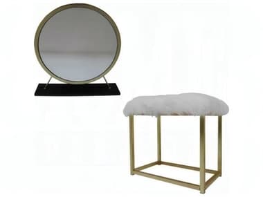 Acme Furniture Adao Faux Fur Mirror Black Brass White Upholstered Accent Stool ACFAC00931