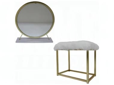 Acme Furniture Adao Faux Fur Mirror White Brass Upholstered Accent Stool ACFAC00932