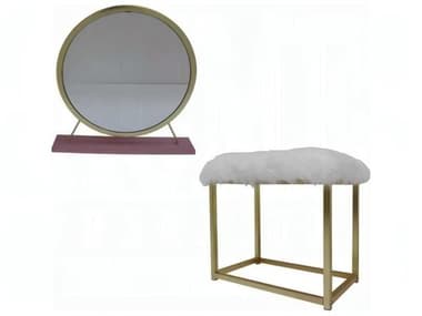 Acme Furniture Adao Faux Fur Mirror Pink Gold White Upholstered Accent Stool ACFAC00934