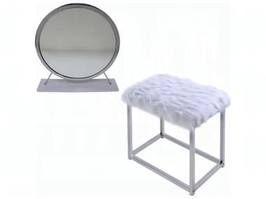 Acme Furniture Adao Faux Fur Mirror White Chrome Upholstered Accent Stool ACFAC00935