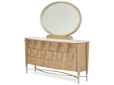 Michael Amini Villa Cherie Caramel 74" Wide 6-Drawers Brown Birch Wood Double Dresser with Mirror AICN900805060134