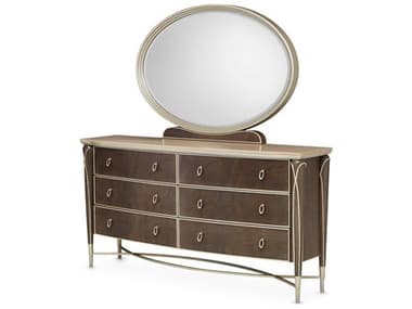 Michael Amini Villa Cherie Hazelnut 74" Wide 6-Drawers Brown Birch Wood Double Dresser with Mirror AICN900805060410