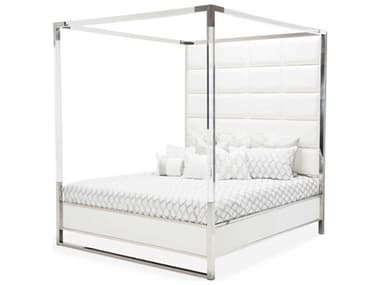 Michael Amini State St Glossy White Upholstered California King Canopy Bed AICN9016000CK4116