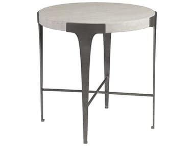 Artistica Signature Designs Cachet 25" Round Stone White Vein Travertine Ribbed Silver End Table ATS012271953