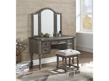 Avalon Furniture Grey Poplar Wood Vanity Table with Mirror and Stool AVLB01623VNSET