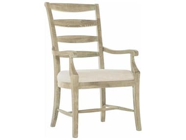 Bernhardt Rustic Patina Oak Wood Beige Fabric Upholstered Arm Dining Chair BH387556