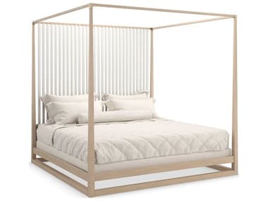 Caracole Classic Pinstripe Light Sun Drenched Oak Almond Milk Wood King Poster Bed CACCLA022122