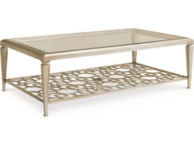 Caracole Classic Rectangular Taupe Silver Leaf Coffee Table with Fretwork Shelf CACCONCOCTAB014