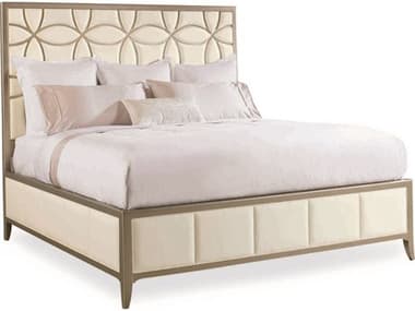 Caracole Classic White Upholstered King Platform Bed with Taupe Fretwork Detail CACCONKINBED013
