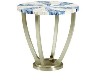 Chelsea House Blue Swirl Round Marble White Silver Side Table CH383354