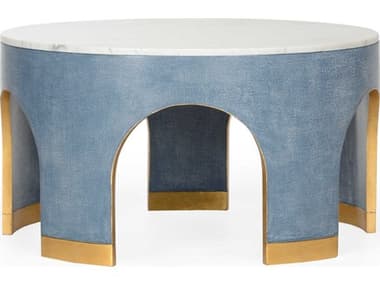 Chelsea House Elizabeth Wicker Aqueduct 35" Round Marble Blue White Cocktail Table - CH385206