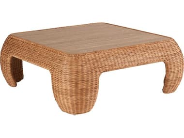 Coastal Living Home Weekender 44&quot; Square Wood Fishbone Weave Rattan Coffee Table CLIU330819