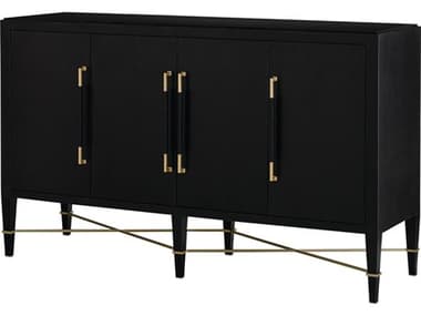 Currey & Company Verona 67" Black Lacquered Linen Champagne Metal Sideboard CY30000037