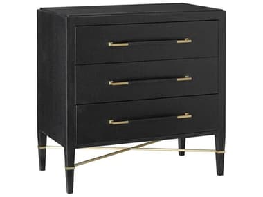 Currey &amp; Company Verona Black Lacquered Linen / Champagne Three-Drawer Nightstand CY30000065