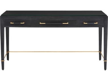 Currey & Company Verona 60" Black Lacquered Linen Champagne Metal Solid Wood Secretary Desk CY30000207