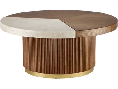 Currey & Company Dakota 35" Round Wood Morel Brown Natural Polished Brass Coffee Table CY30000261