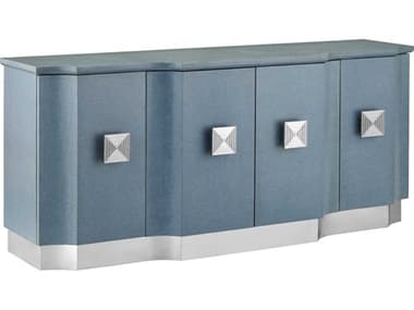 Currey & Company Maya 78'' Mahogany Wood Lacquered Blue Linen Washed Polished Stainless Steel Credenza Sideboard CY30000281