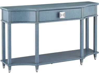 Currey & Company Maya 60" Demilune Wood Lacquered Blue Linen Washed Mahogany Polished Stainless Steel Console Table CY30000283