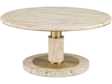 Currey & Company Miles 35" Round Stone Natural Polished Brass Coffee Table CY40000184