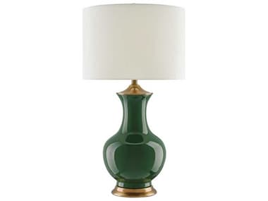 Currey & Company Lilou Green Antique Brass Edison Bulb Buffet/Table Greentique Buffet Lamp with Eggshell Shantung Shade CY60000022