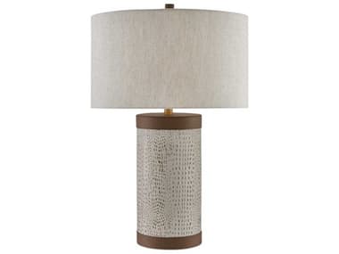 Currey & Company Baptiste Edison Bulb Buffet/Table Ivory Brown Brushed Brass Off White Buffet Lamp with Natural Linen Shade CY60000038