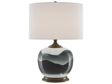 Currey & Company Boreal White Green Antique Brass Edison Bulb Buffet/Table Greentique Buffet Lamp with Linen Shade CY60000109