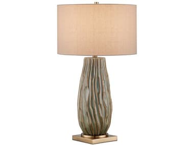 Currey & Company Water-borne Forest Reactive Antique Brass Natural Linen Green Buffet Lamp CY60000963