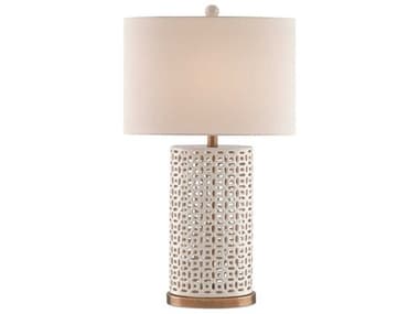 Currey & Company Bellemeade Edison Bulb Buffet/Table Ivory Antique Brass White Buffet Lamp with Honey Beige Shantung Shade CY6925