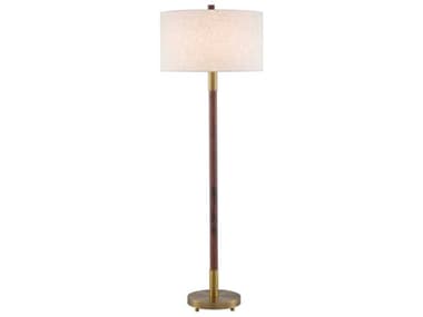 Currey & Company Bravo Mahogany Antique Brass Off White Linen Brown Floor Lamp CY80000081