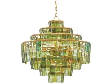 Currey & Company Sommelier 8-Light Dark Contemporary Gold Leaf Green Globe Tiered Chandelier CY90000148