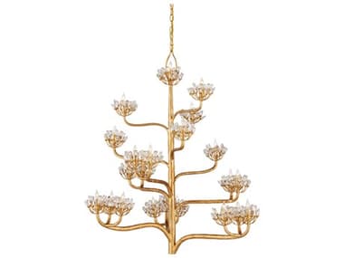 Currey & Company Agave Americana 22-Light Dark Contemporary Gold Leaf Crystal Tiered Chandelier CY90000157
