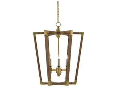 Currey & Company Bastian 3-Light Chestnut Brass Wood Candelabra Geometric Chandelier CY90000220