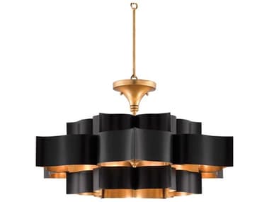 Currey & Company Grand Lotus 6-Light Satin Black Contemporary Gold Leaf Pendant CY90000429