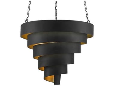 Currey & Company Chiffonade 7-Light Antique Black Contemporary Gold Leaf Tiered Pendant CY90000497