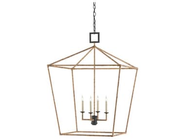 Currey & Company Denison 4-Light Mole Black Natural Rattan Brown Candelabra Chandelier CY90000611