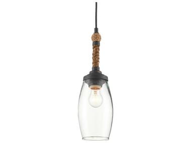 Currey & Company Hightider 1-Light French Black Natural Rope Brown Glass Mini Pendant CY90000650