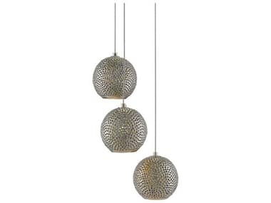 Currey & Company Giro 3-Light Painted Silver Nickel Blue Glass Globe Mini Pendant CY90000682