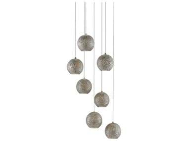 Currey & Company Giro 7-Light Painted Silver Nickel Blue Glass Globe Pendant CY90000683