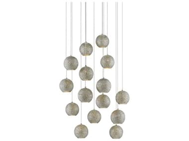 Currey & Company Giro 15-Light Painted Silver Nickel Blue Glass Globe Pendant CY90000684