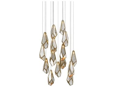 Currey & Company Glace 15-Light Painted Silver Antique Brass Glass Pendant CY90000705