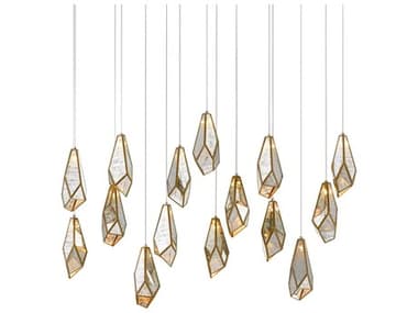Currey & Company Glace 15-Light Painted Silver Antique Brass Glass Island Pendant CY90000706