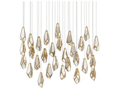 Currey & Company Glace 30-Light Painted Silver Antique Brass Glass Island Pendant CY90000707