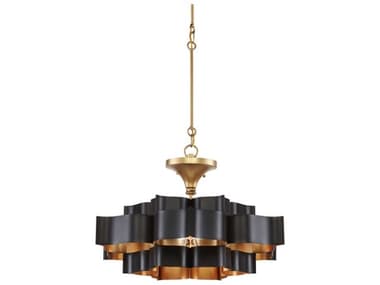 Currey &amp; Company Grand Lotus 20&quot; 1-Light Satin Black Contemporary Gold Leaf Tiered Pendant CY90000855