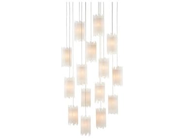 Currey & Company Escenia 21" 15-Light Natural Painted Silver White Crystal Glass Cylinder Pendant CY90000884